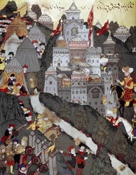 Ottoman Empire: Sultan Bayezid I (Bajazet) (1360 around 1402) returned victorious to the city of Nicopolis after the battle of the same name on 25/09/1396. 16th century miniature. Istanbul, Topkapi Sarayi Museum Library