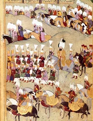 Ottoman Empire: representation of Ottoman Sultan Murad II (Murat) (1404-1451) and his army during the invasion of Persia. Manuscript miniature ms. FY 1404 “Sehinsahname” (or Shahinshah-nameh)