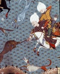 Representation of the courtiers of Sultan Murad II hunting the Fawn (detail). 17th century miniature. Istanbul, Topkapi Sarayi Museum Library