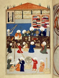 Science and Islam: description of the astronomical observatory of the Arab scientist Taqi al-Din built under Murad III in Istanbul in 1577, astronomers work with instruments. Manuscript miniature ms. FY 1404