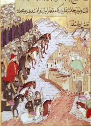 Second Crusade (1147-1149): the Crusaders in front of the city of Aleppo in Syria. 16th century miniature. Topkapi Sarayi, Istanbul