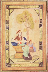 Woman seated with a young girl in a garden, from Album de pieces calligraphiees et de miniatures