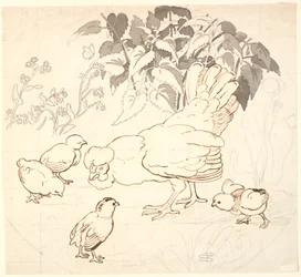 Hen with Her Chicks in a Circular Composition