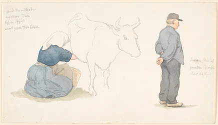 Study Sheet with Girl Milking a Cow, Farmer Standing to the Right