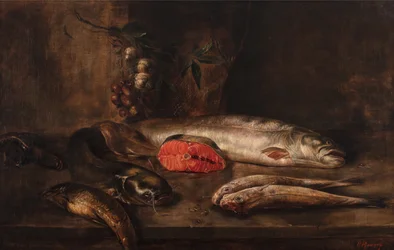A Still Life of Fish with a Carp, Catfish, Salmon, Red Mull, Eels, and Sole on a Tabletop with Hanging Garlic and Shallots
