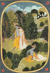 Radha and Krishna Walking in a Grove, Kangra, Himachal Pradesh