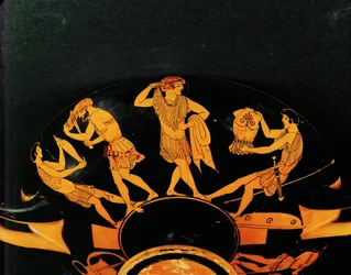Warriors putting on their armour, one youth cutting off his long hair