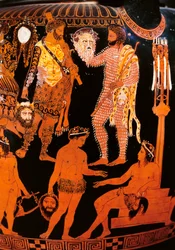 Red-figure volute krater with an actor holding his mask, from Ruvo, c.410 BC