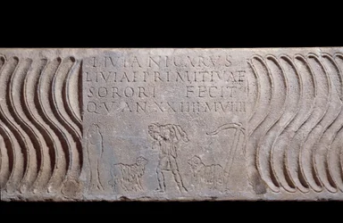 Fragmentary Sarcophagus Tank: Good Shepherd and Epitaph of Livia Primitiva