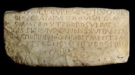 Paleochristian Art: Epitaph of Leucadia. Plaque from the Old Church of the Macchabees in Lyon. Paris, Louvre Museum