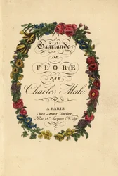 Calligraphic title page within a floral wreath of roses, tulips, and other flowers