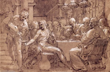 The supper of Saint Gregory, drawing by Paolo Farinati, grey-brown watercolour, pen, white lead, and black pencil, Italy