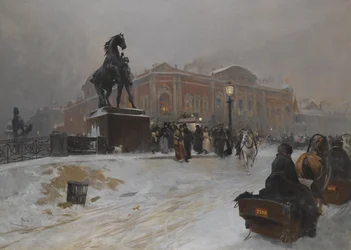 The Anichkov Bridge on Nevsky Prospekt at dusk