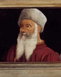 Cassone featuring 5 portraits of the Master of the Florentine Renaissance detail with the portrait of Paolo di Dono (1397-1475) called Paolo Uccello. The inscription below is probably successive. Musee du Louvre, Paris