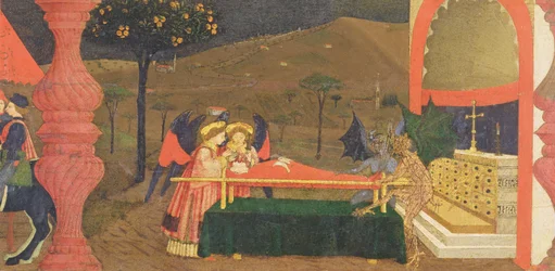 Predella of the Profanation of the Host: The Body of the Jewish Pawnbroker Guarded by Angels and Devils, c.1468 (detail)