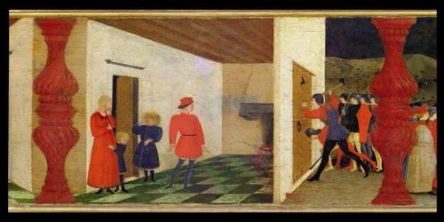 Predella of the Profanation of the Host: The Jewish Pawnbroker Roasting the Consecrated Host in the Fire Which Streams with Blood Arousing the Attention of the Bailiffs who Batter Down the Door, c.1468 (detail)