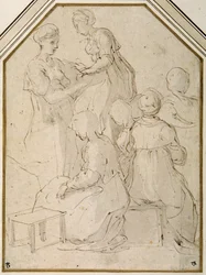 Domestic group, two standing women and four sitting