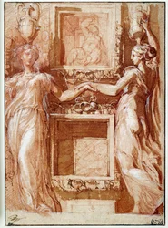Two canephores giving their hand, on both sides of boxes
