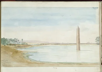 View of the Nile and Obelisk of Sesostris I in Heliopolis, Egypt