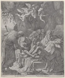 Christ being laid into the sepulcher as the Virgin stands weeping behind