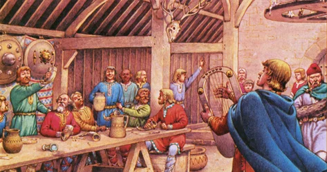 Saxons carousing in a typical wood-built hall