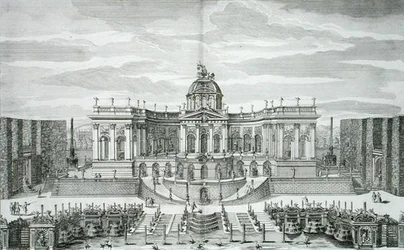 The Great Grotto and the Fountain Garden at the Princely Pleasure Palace and Gardens, Berlin, engraved by Johann August Corvinus, published c.1711-16