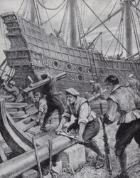 Building of the English galleon Ark Royal, the flagship in the fight against the Spanish Armada in 1588