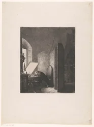 Rembrandt etching in his studio