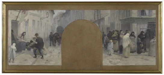 Sketch for the Hôtel de Ville de Paris, cabinet du préfet: Transporting the wounded to the Ambulance. Queues in front of a store during the siege of Paris in 1870