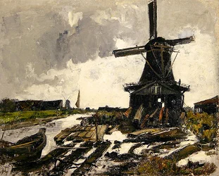 Holland, A Canal Landscape with a Wood Saw Windmill