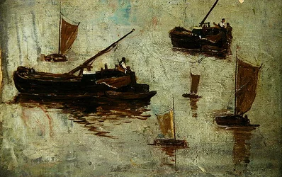 Two Barges and Four Small Sailing Boats on the Water