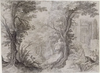 Saint Mary Magdalene in Solitude. The emaciated penitent sits on an elevation and holds a basket beside her. Above her in the background is a ruined small round temple, a free copy of the Temple of the Sibyl in Tivoli, with a cross in front of it. In the