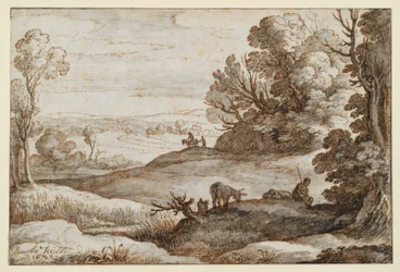 Hilly landscape with trees and a view, with two men and a donkey in the foreground