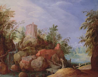 Fantastic Landscape with a Waterfall and Bridge