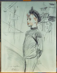 Portrait of a Young Boy in a Sailor Hat and Turtle-Neck, with Ships in the Background