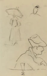 A Person Holding an Umbrella and a Seated Man with a Hat and a Glass