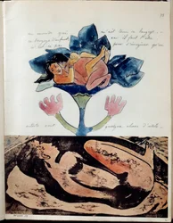 Album Noa (or Noa Noa) by painter Paul Gauguin (1848-1903): folio 75. At the top, a drawing in watercolour, pen and ink depicting a couple during sexual intercourse, and at the bottom, an engraving with watercolour highlights of a sleeping woman. About