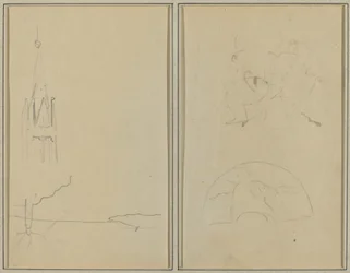 Church Tower; A Sketch of a Fan (recto)
