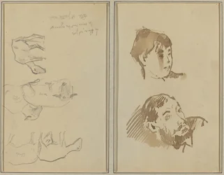 Five Sheep; Head of a Woman and Head of a Bearded Man