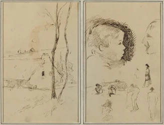 Landscape with a Cottage; Profile of Boy, Profile of Man, Two Women in a Landscape, and Five Other Studies (verso)