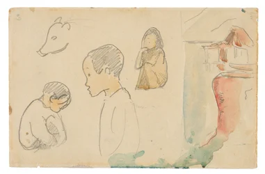 Sketches of Crouching and Standing Figures, a Pig, and a Hut at Water’s Edge