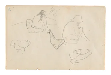Sketches of Seated Figures and Chickens (recto), Nude Female Torso (related to the painting Te a no areois [The Seed of the Areoi]) (verso), from the Carnet de Tahiti (Tahitian sketchbook)