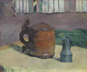 Still Life: Wood Tankard and Metal Pitcher