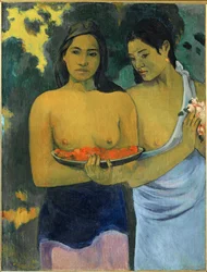 Two Tahitian Women Offering Red Fruits and Pink Flowers