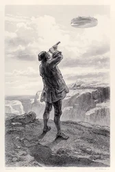 Gulliver Sees the Flying Island Laputa for the First Time, and Examines It Through His Telescope, from French Edition of Gulliver