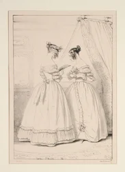 JANUARY 1838. Crêpe dress trimmed with a flounce of gathered tulle.