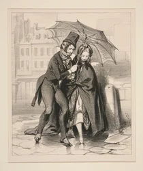 Not finding a carriage and returning from the ball at dawn with an umbrella.