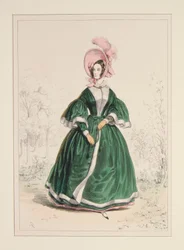 Pelisse in Grosgrain Fabric, Lined with Satin and Trimmed with Crepe. Plush Hat.