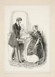 Dress in taffeta serge, fichu and apron in pou-de-soie trimmed with lace from the shops...