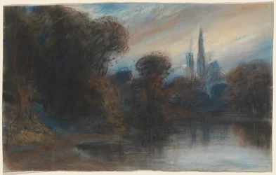 An Abbey by a Wooded Lake at Twilight